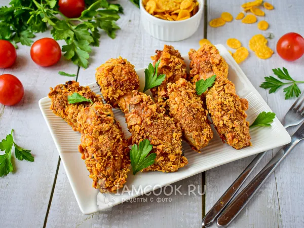 Фото готового блюда: Куриные крылышки в кукурузных хлопьях в духовке