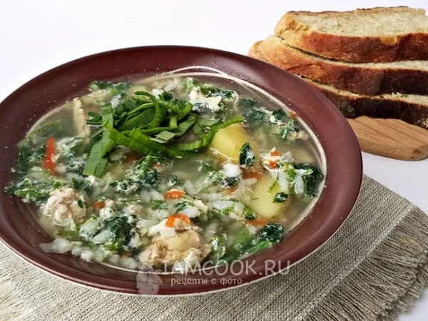 Фото блюда: Сытный суп с крапивой, рисом и яйцом