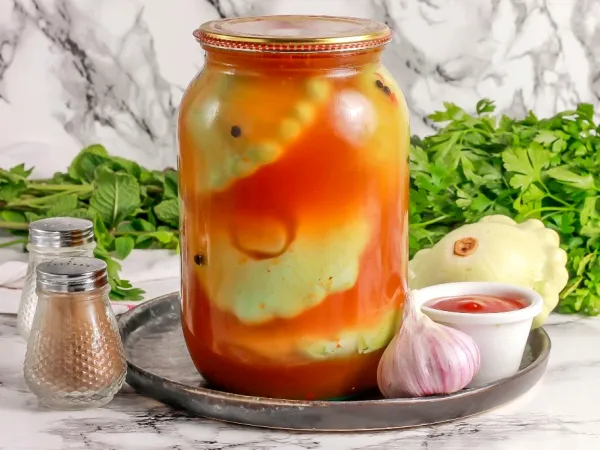 Фото блюда: Маринованные патиссоны с кетчупом на зиму