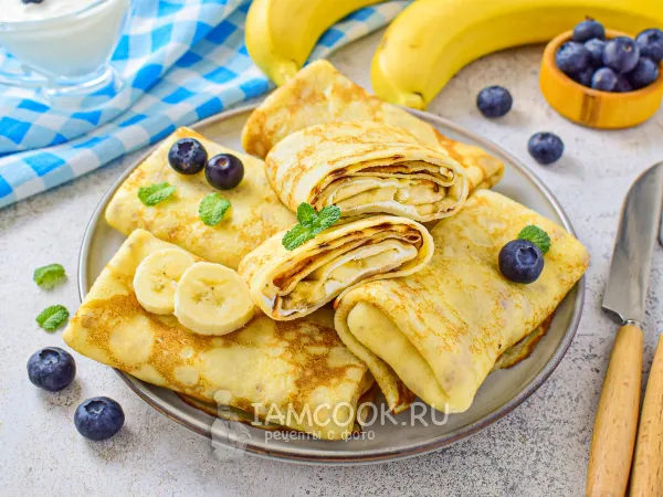 Фото блюда: Блины с творожным сыром и бананом