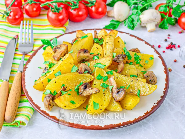 Фото готового блюда: Картошка с грибами по-деревенски в духовке