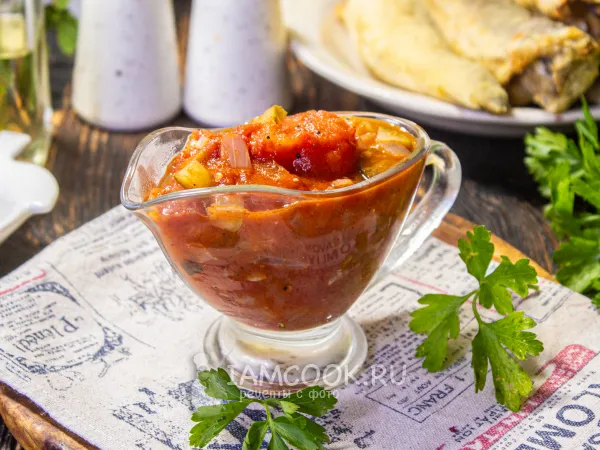 Фото блюда: Красный соус с луком и огурцами