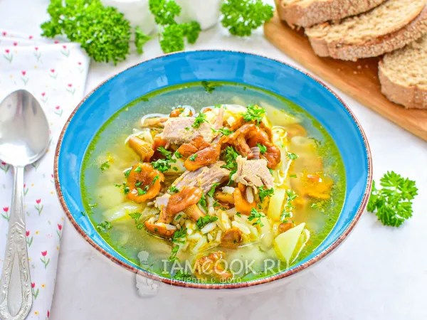 Фото блюда: Суп с лисичками и мясом