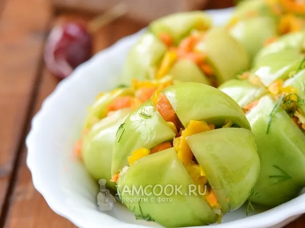 Фото готового блюда: Квашеные зеленые помидоры в кастрюле