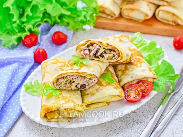 Фото блюда: Блины с ветчиной и грибами