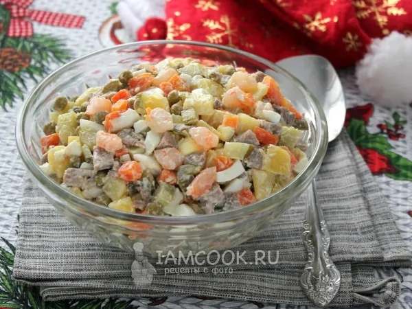 Фото готового блюда: «Оливье» с языком и креветками