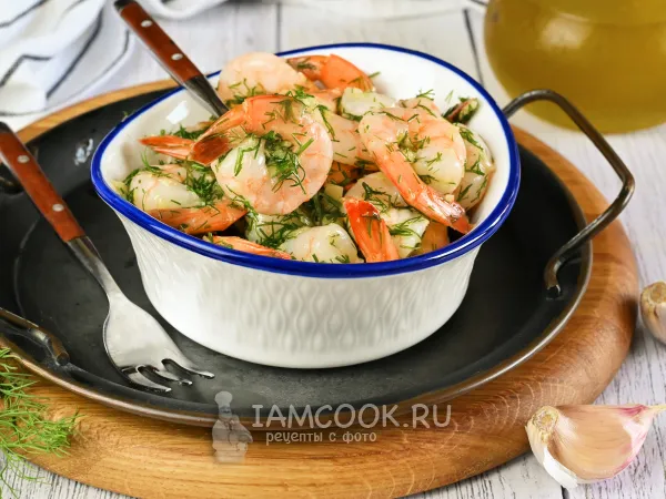 Фото блюда: Вареные креветки с укропом и чесноком