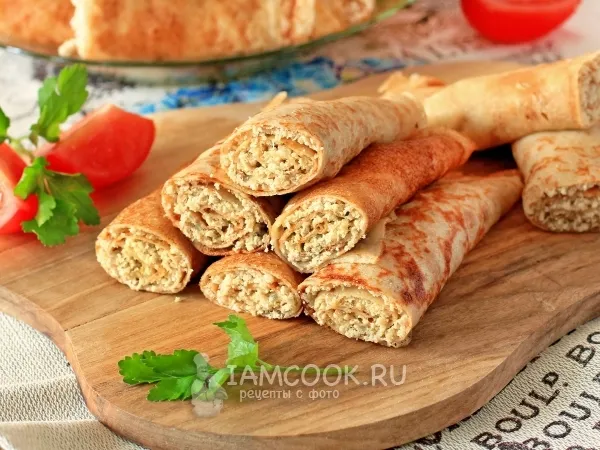 Фото блюда: Блинчики с отварным мясом и жареным луком
