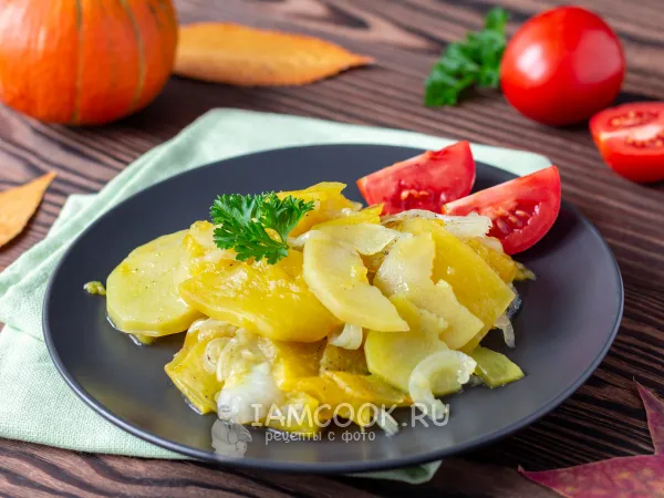 Фото блюда: Тыква с картошкой в горшочке в духовке