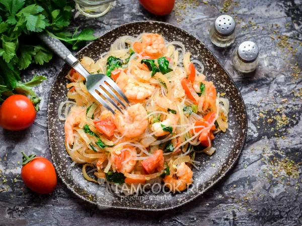 Фото блюда: Жареные креветки с фунчозой