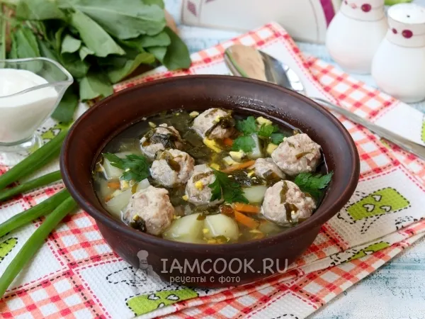 Фото блюда: Зелёный борщ с фрикадельками (со щавелем)