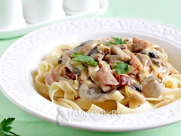 Фото блюда: Фетучини с грибами и ветчиной