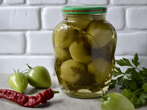 Фото блюда: Сладкие маринованные зеленые помидоры на зиму