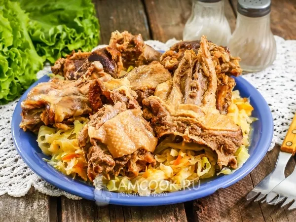 Фото готового блюда: Тушеный гусь кусочками с капустой