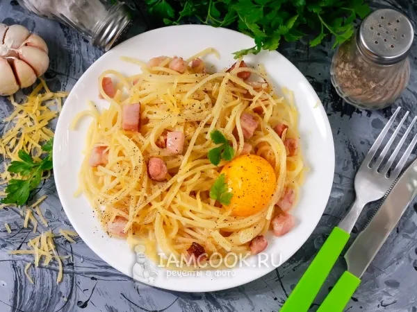 Фото блюда: Паста карбонара с беконом без сливок
