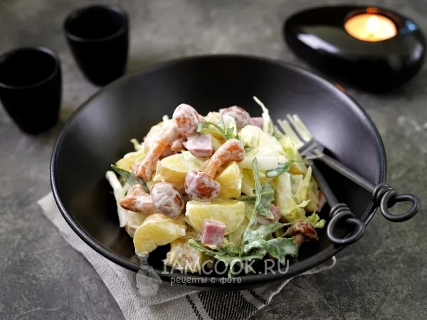 Фото блюда: Картофельный салат с опятами, ветчиной и капустой