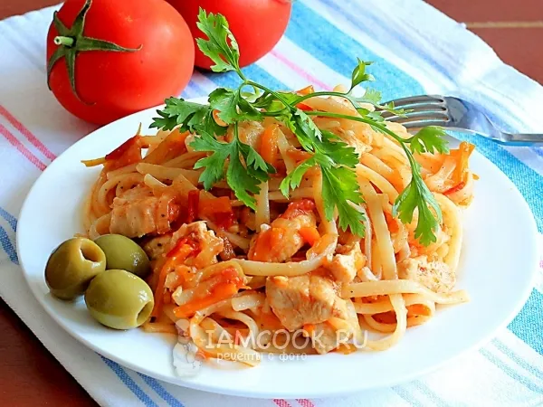 Фото блюда: Лапша с овощами и куриным филе