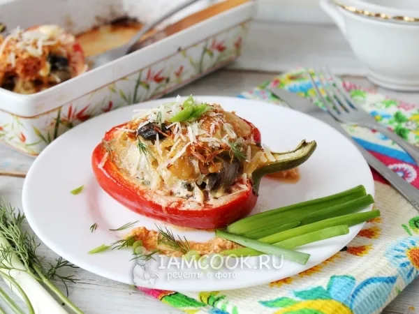 Фото блюда: Перец, фаршированный грибами с мясом, в духовке