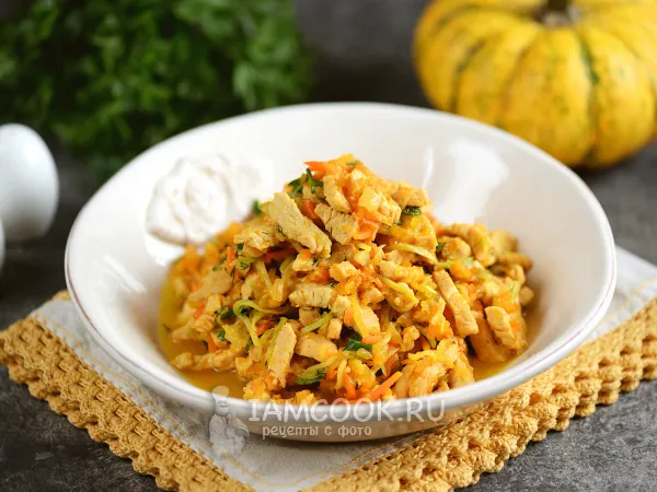 Фото готового блюда: Индейка с тыквой и кабачком (на сковороде)