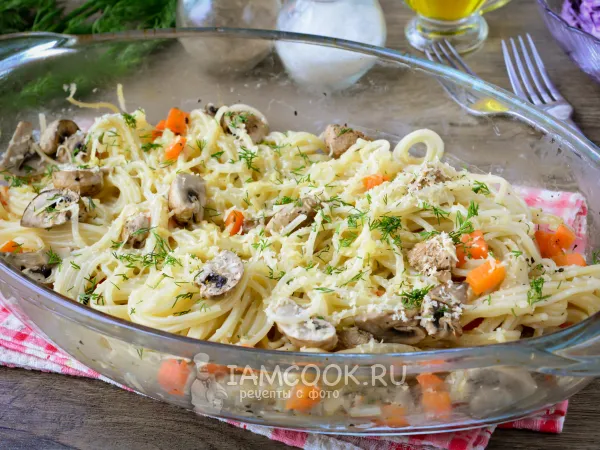 Фото блюда: Спагетти с грибами в духовке