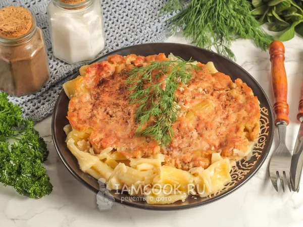 Фото блюда: Макароны с куриным фаршем в духовке