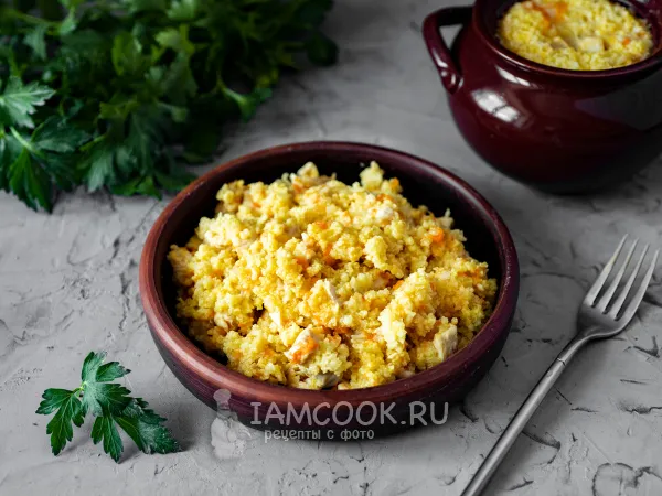 Фото блюда: Пшенная каша с мясом в горшочке в духовке