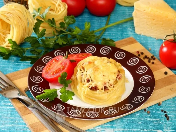 Фото блюда: Гнезда из макарон с фаршем