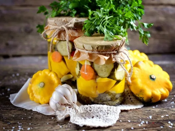 Фото блюда: Маринованные патиссоны с огурцами на зиму