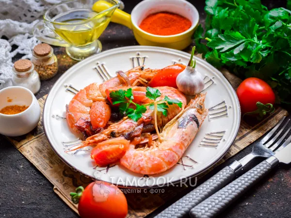 Фото блюда: Креветки с луком и помидорами
