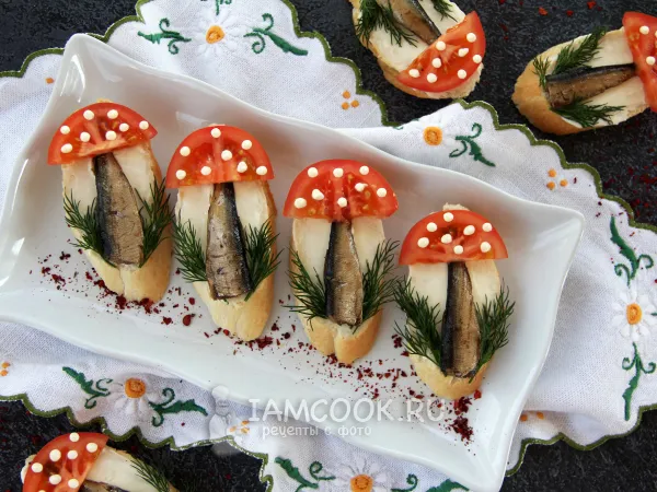 Фото готового блюда: Бутерброды со шпротами «Грибочки»