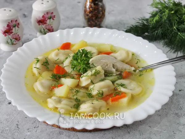 Фото готового блюда: Куриный суп с пельменями