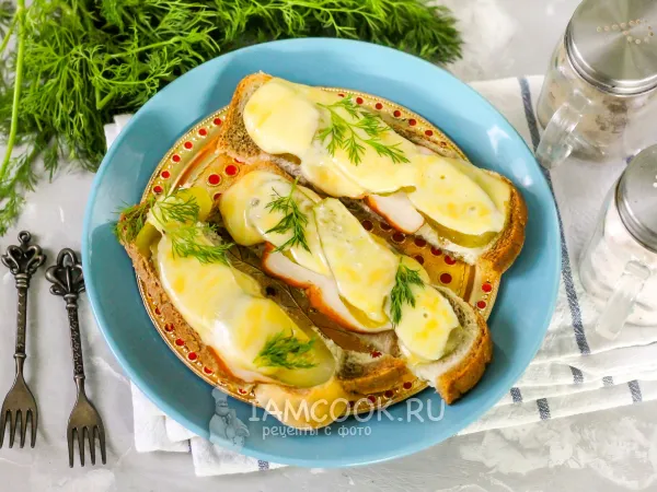 Фото готового блюда: Горячие бутерброды с копченой курицей и солеными огурцами