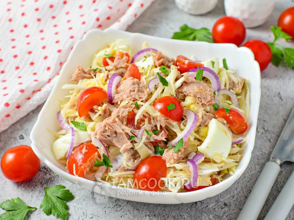 Фото блюда: Салат с капустой, помидорами и тунцом