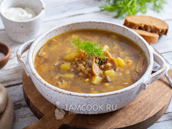 Фото блюда: Грибной суп с полбой (из сушёных лесных грибов)