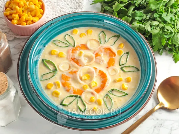 Фото блюда: Кукурузный суп с креветками