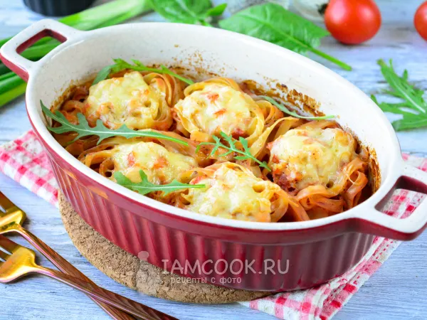 Фото блюда: Макароны гнезда с курицей в духовке