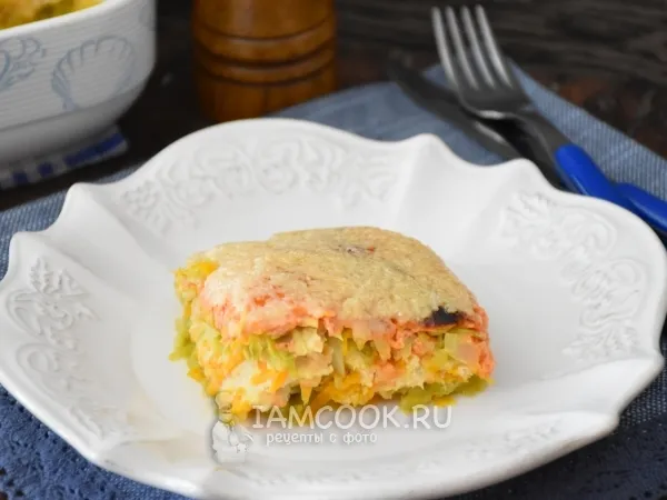 Фото блюда: Запеканка с овощами, сыром и фаршем из индейки