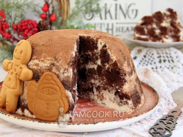 Фото блюда: Торт «Панчо» с консервированными персиками на сковороде