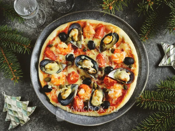 Фото готового блюда: Пицца с мидиями и креветками