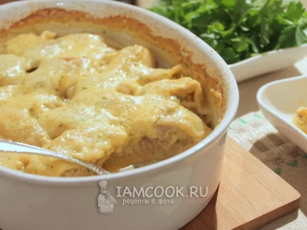 Фото блюда: Конкильони фаршированные, запеченные в духовке