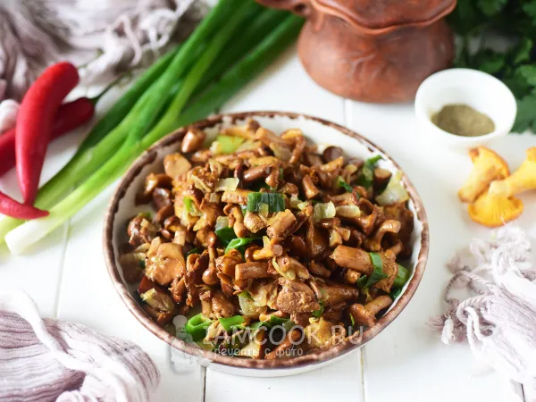 Фото блюда: Жареные лисички с луком