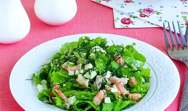 Фото блюда: Зелёный салат с креветками
