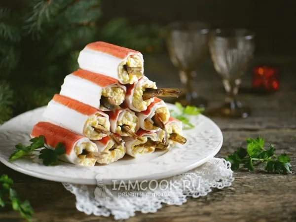 Фото блюда: Крабовые палочки, фаршированные сыром и шпротами