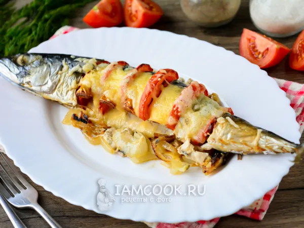 Фото блюда: Скумбрия в духовке с сыром и помидорами