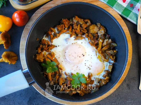 Фото блюда: Жареные лисички с яйцом и луком