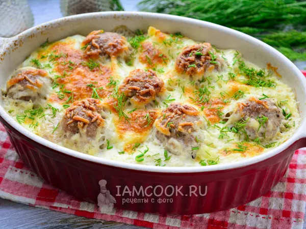 Фото блюда: Макароны с фрикадельками в духовке