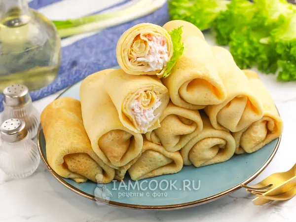 Фото блюда: Яичные блины с крабовыми палочками