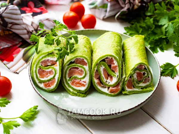 Фото блюда: Блины со шпинатом и красной рыбой