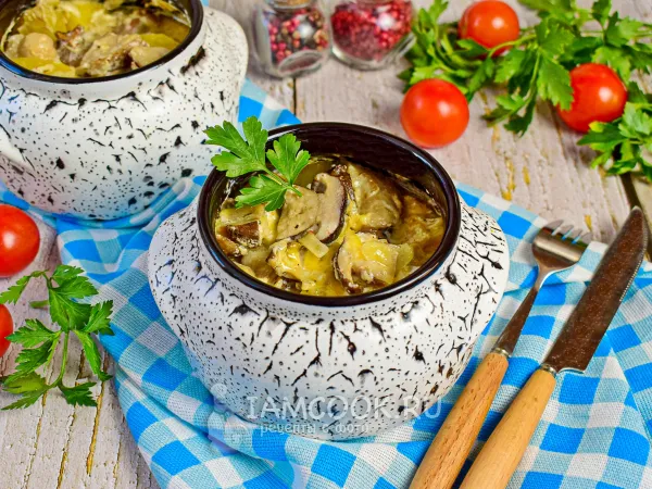 Фото блюда: Жаркое в горшочках с курицей и грибами