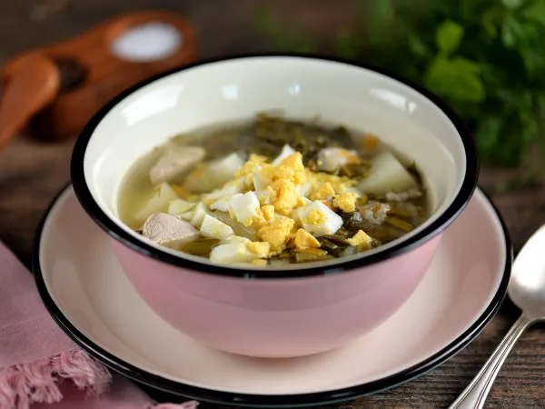 Фото готового блюда: Суп из щавеля со свининой и яйцом